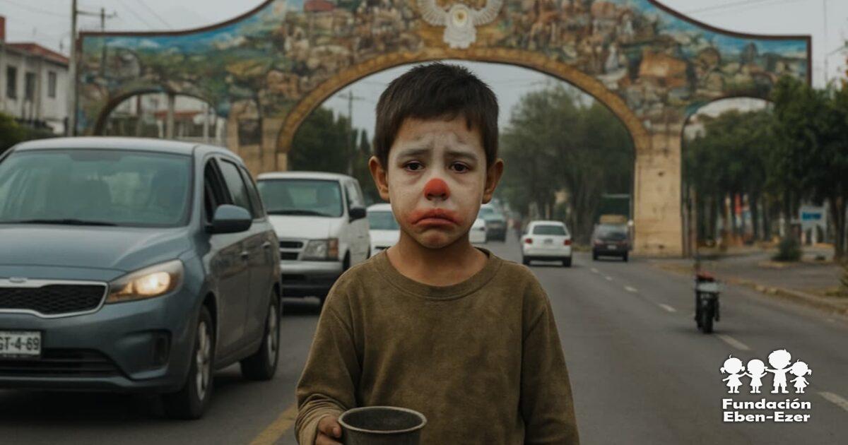 Niño disfrazado de payaso pide limosna